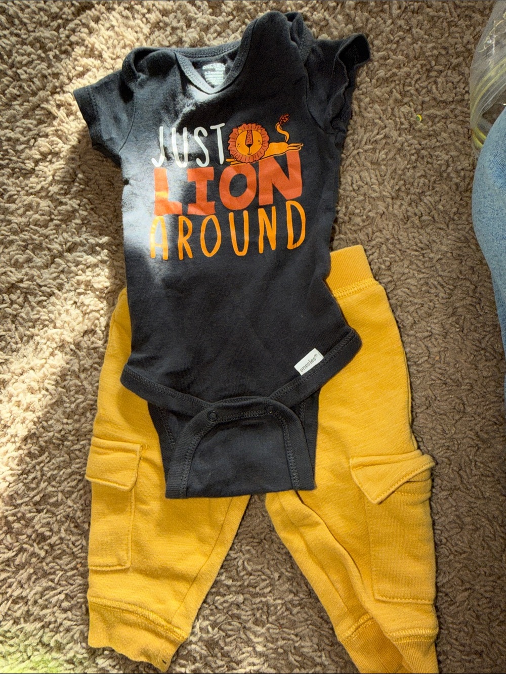 Kids Matching Set - Black 'Just Lion Around' Bodysuit & Mustard Pants